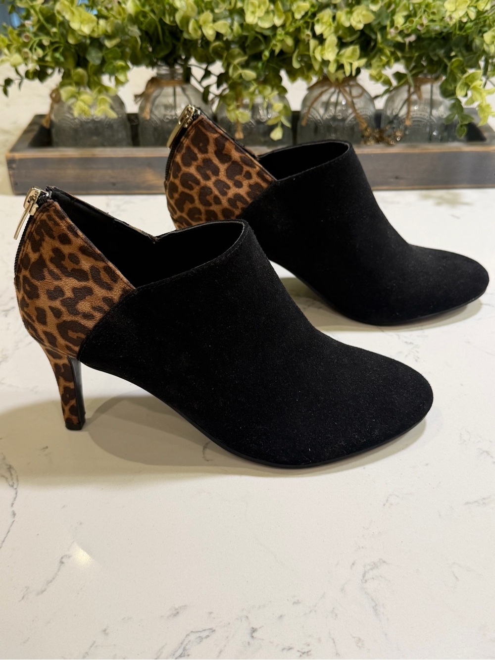 Bandolino Black Suede Ankle Booties with Leopard-Print Heel